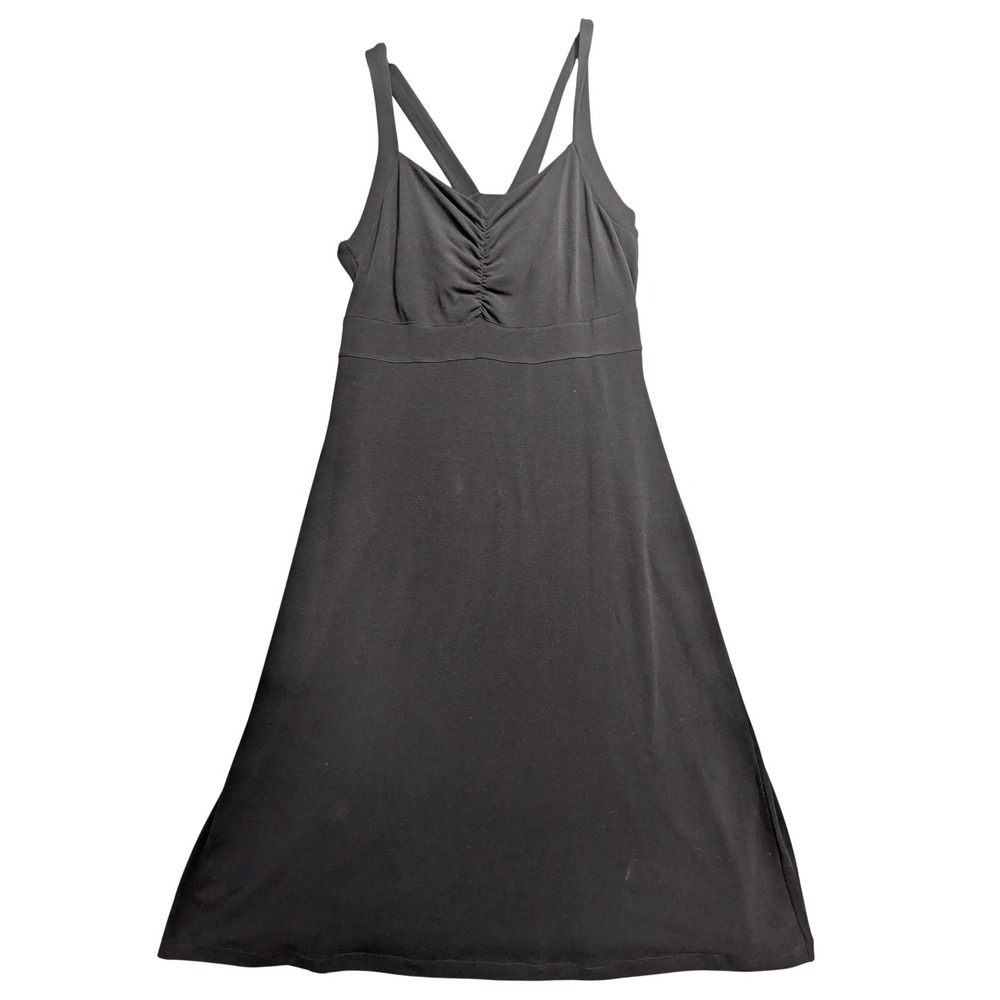 PrAna Dress Womens Large Black Ruched V Neck Sleeveless A Line Midi Sundress